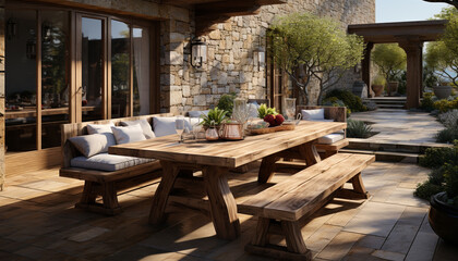 Fototapeta premium A luxurious patio with modern architecture, comfortable chairs, and green plants generated by AI