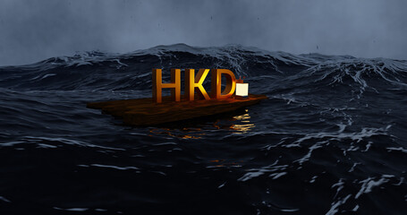 HKD sign on a wrecked ship in a raging sea, concept volatility of the Hong Kong dollar during typhoon Saola, 3d rendering - obrazy, fototapety, plakaty