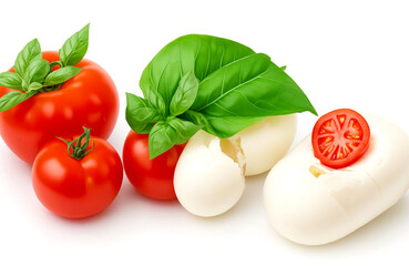 Tomatoes, basil and mozzarella ingredients isolated on white background