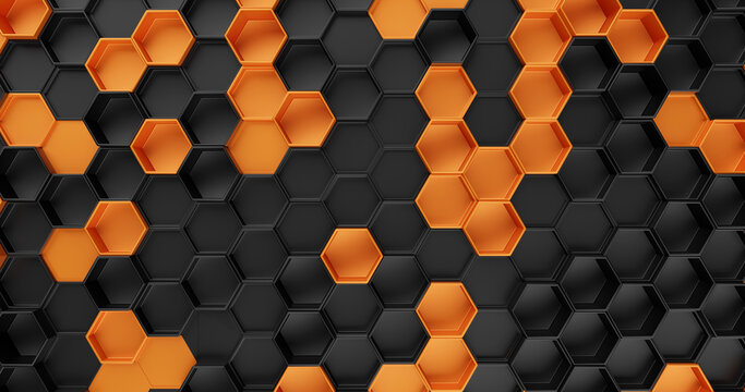 Orange black hexagons, abstract illustration of honeycomb, 3d rendering