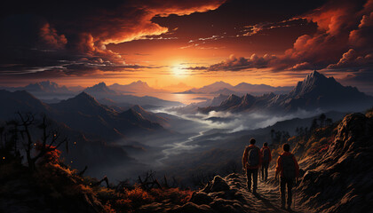 Mountain peak silhouette, sunset sky, hiking men, nature tranquil beauty generated by AI