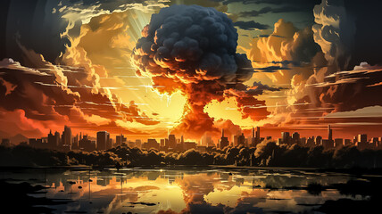 Explosion of nuclear bomb in the city. end of world illustration. Nuclear war threat concept. Design ai - obrazy, fototapety, plakaty