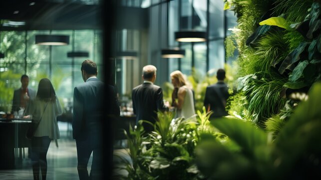 Office space with lush green plants. Sustainable and nature friendly corporate environment. Workspace for business productivity and employee wellbeing. Environmental responsibility in business, ESG