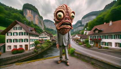 Ultra-realistic 4k image of a bizarre and never-before-seen character, standing amidst a quaint small town setting. The character's outlandish feature - obrazy, fototapety, plakaty