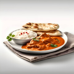 Chicken tikka masala with rice and naan bread on white background