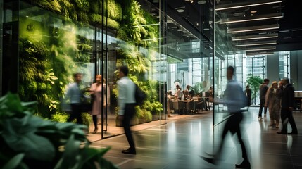 Office space with lush green plants. Sustainable and nature friendly corporate environment. Workspace for business productivity and employee wellbeing. Environmental responsibility in business, ESG