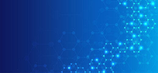 Hexagons pattern blue background. Genetic research, molecular structure. Chemical engineering. Concept of innovation technology. Used for design healthcare, science and medicine background