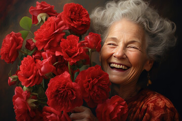 portrait of smiling senior woman with grey hair holding bouquet of red roses on Valentine's day