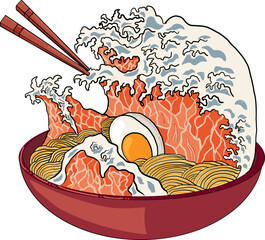 Traditional Japanese ramen and wave for restaurant printing on wallpaper.Ramen vector illustration for doodle art.Asian food.