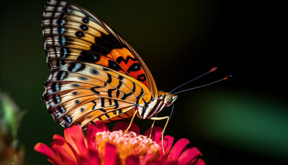Fototapeta premium Vibrant butterfly wing in multi colored beauty, pollinating a single flower generated by AI