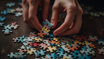 Abstract jigsaw puzzle pieces connect, forming a colorful solution generated by AI