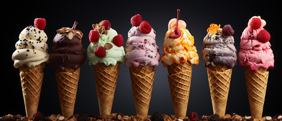 Ice cream cones with different flavors.