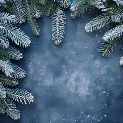 Christmas background with fir branches and snow, xmas flat lay, top view, ai generated
