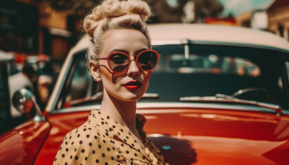 Young adult woman driving vintage car, exuding elegance and confidence generated by AI