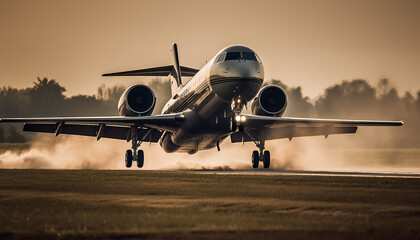 Fototapeta premium Flying military fighter plane taking off at sunset with jet engine generated by AI
