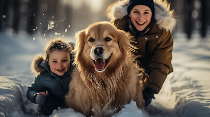 Happy family walking their pet golden retriever in the winter forest outdoors. Active Christmas holidays. Design ai