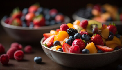 Healthy berry fruit salad on wooden plate with yogurt topping generated by AI - obrazy, fototapety, plakaty