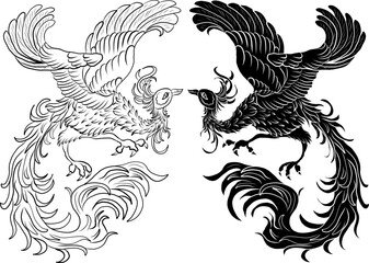 Beautiful line art of Phoenix for tattoo design on background.Phoenix vector for printing on shirt.Golden vector illustration for doodle art and coloring book on white isolated background.