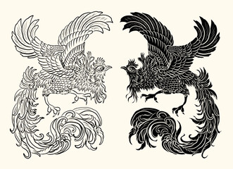 Fototapeta premium Beautiful line art of Phoenix for tattoo design on background.Phoenix vector for printing on shirt.Golden vector illustration for doodle art and coloring book on white isolated background.