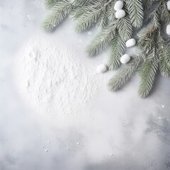 Christmas background with fir branches and snow, xmas flat lay, top view, ai generated