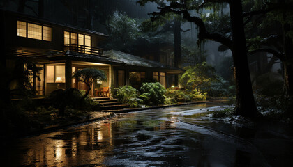 Spooky night, dark forest, wet window, old cottage, mysterious fog generated by AI