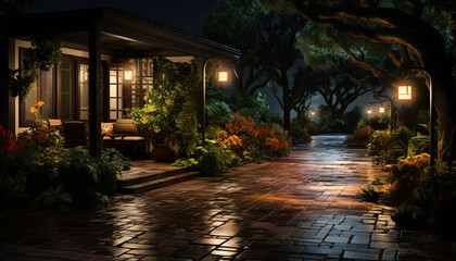 Obraz premium A serene dusk illuminated lanterns adorn the formal garden generated by AI