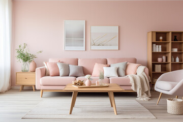 An Elegant and Cozy Living Room Interior with Plush Furniture, Chic Decor, and Delicate Pink Color Scheme, Creating a Serene and Spacious Ambiance with Stylish Lighting, Trendy Accessories