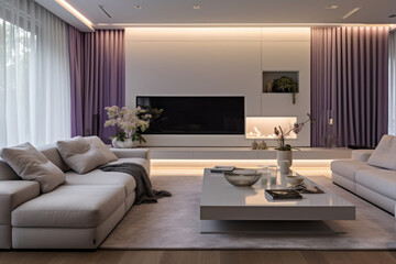 A serene and comfortable interior design featuring elegant and trendy lighting, art, and spacious furniture, immersed in soft and soothing lavender colors, with stylish accents and cozy ambiance.