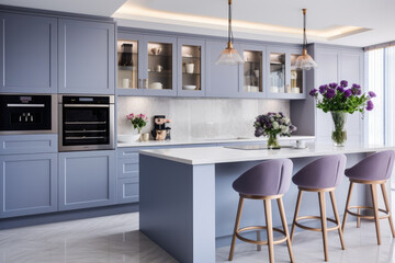 Fototapeta premium A modern kitchen exuding elegance and serenity with its Periwinkle colors, open concept, stylish comfort, and organized kitchenware, while boasting a minimalist interior design, cabinetry