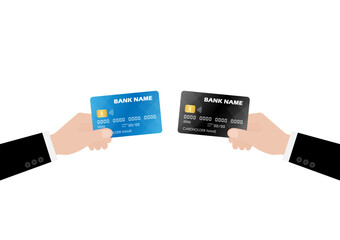 Credit or Debit Card. Businessman's Hand Holding Credit or Debit Card. Hand Showing Credit Card. Vector Illustration Isolated on White Background. 
