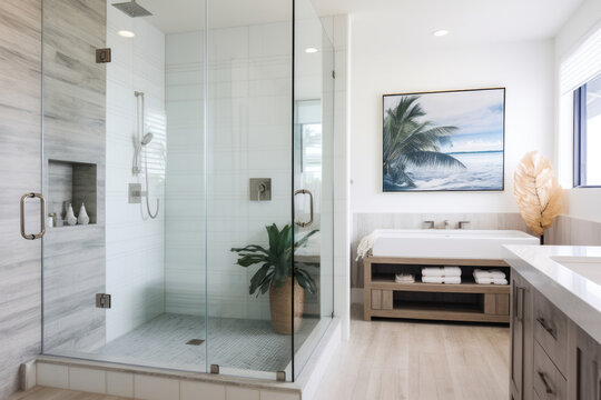 A modern coastal bathroom sanctuary with a glass shower, ocean-inspired decor, and serene seaside vibes for a coastal living oasis.