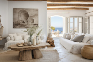 A serene Mediterranean coastal retreat with rustic charm and oceanic inspiration, featuring peaceful and cozy bedrooms adorned with natural textures and wooden accents