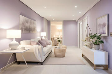Naklejka na ściany i meble Step into a serene and elegant lavender-colored hallway with soft lighting, contemporary decor, comfortable seating, and stylish, decorative accents creating a peaceful and calming atmosphere.