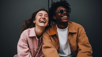 Best friends or couple laughing and having a good time together in a studio. - obrazy, fototapety, plakaty