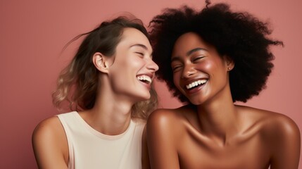 Best friends or couple laughing and having a good time together in a studio.