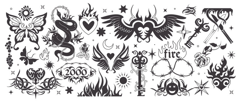 Y2k tattoo. 90s style body tattooing elements. Love heart. Fire flame. Gothic butterfly and rose flower. Angel wings. Barbed wire and snake. Black vintage art stickers. Vector exact silhouettes set