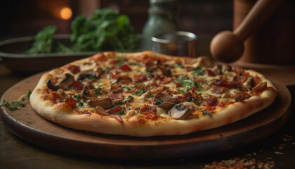 Freshly baked pizza on rustic wooden table, mozzarella and tomato generated by AI