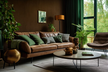 Experience the Serene Atmosphere of a Cozy and Inviting Living Room with Modern Furnishings, Earthy Brown and Vibrant Green Colors, Natural Elements, and Stylish Wooden Furniture.
