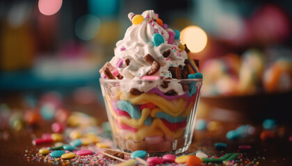 Fototapeta premium Colorful gourmet dessert table with sweet candy and chocolate indulgence generated by AI