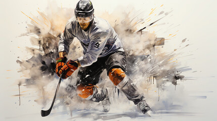 Black Pencil Realsitic Detailed Drawing of Hockey Player in White Uniform Oil Painting Background
