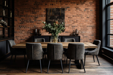 A Spacious and Stylish Contemporary Industrial Dining Room with Sleek Furniture, Exposed Brick, and Neutral Colors, Creating a Trendy and Minimalistic Ambiance.