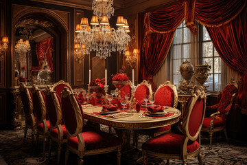 Fototapeta na wymiar A Luxurious Dining Room with Opulent Gold and Rich Red Colors, Grand Furniture, Lavish Chandelier, and Exquisite Artwork, Creating an Elegant and Majestic Atmosphere.