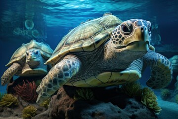 Naklejka na ściany i meble Ancient sea turtles, carrying entire ecosystems on their colossal shells - Generative AI