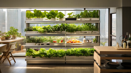 Minimalist vegetable farm, easily integrated into a modern apartment with neutral colors and clean lines. Generative AI