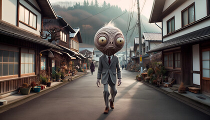 High-resolution 4k image showcasing an uncanny and unique character, strolling through a tranquil small town. The character's peculiar features stand out dramatically, making it the focal point amidst