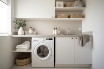 A spacious and modern laundry room in minimalist style, boasting a serene ambiance with a white and light gray color scheme, elegant shelves, efficient appliances, ample storage