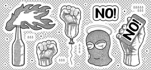 Protest sketch. Fist balloon. Revolution hand fight. Feminist power and victory. Activist strong punch. Human strength. Incendiary mixture bottle. Head in mask. No icon. Vector illustration signs set