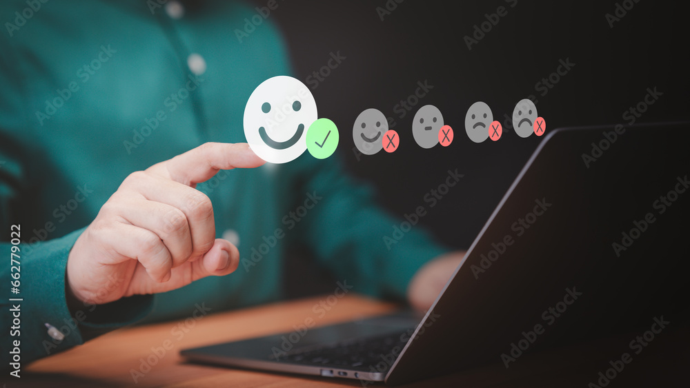 Aufkleber user hand touch virtual screen on smile face icon to give satisfaction in opinion and service. custo
