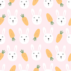 Seamless baby pattern orange carrot with rabbit face on pink background Hand drawn design in cartoon style. For children's clothing, wallpaper, decoration