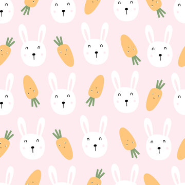 Seamless baby pattern orange carrot with rabbit face on pink background Hand drawn design in cartoon style. For children's clothing, wallpaper, decoration